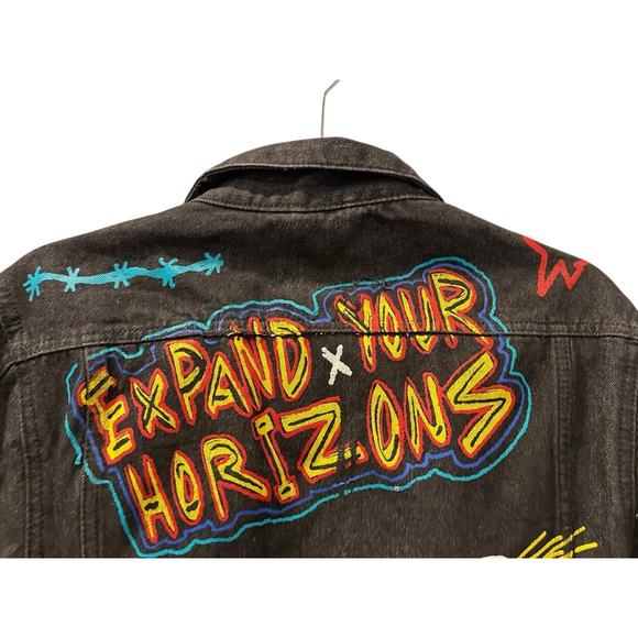 Brooklyn Cloth Graphic Design Black Denim Jacket Size Medium Casual Jean Trippy - Picture 7 of 9